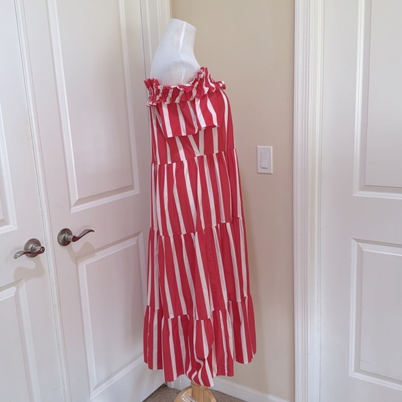 Trina Turk Cattleya Off The Shoulder Coral/White Striped Tiered Dress Size Small - Picture 4 of 10
